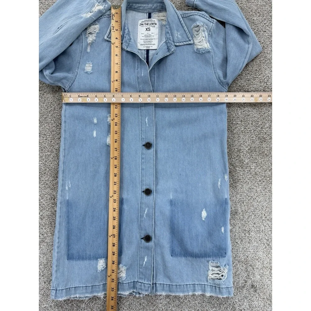 Zara ZW The Levitha Denim Coat Womens XS Light Wash Destroyed Denim Chore Duster